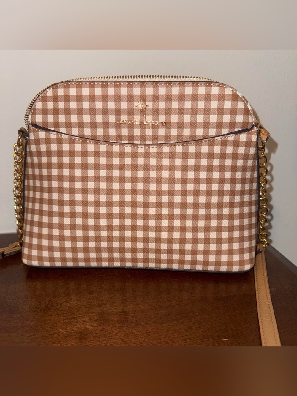 Brown and White Gingham Crossbody Bag